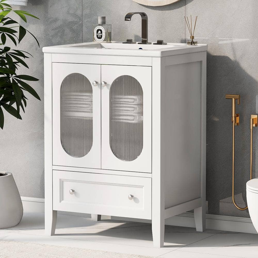 24 in. W x 18 in. D x 34 in. H Freestanding Bath Vanity in White with White