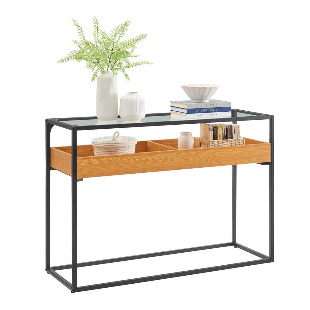 Golden Oak and Black Metal Console Table with Glass Top and Storage Shelf