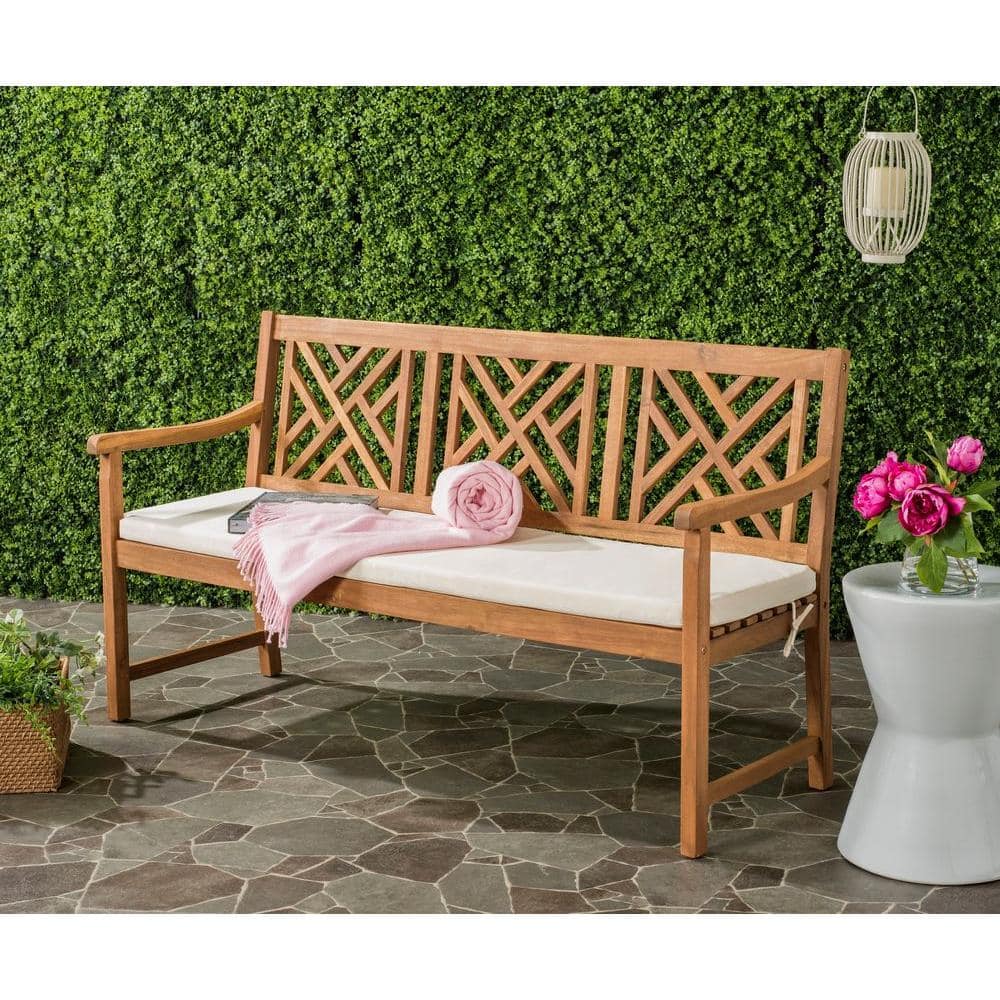 SAFAVIEH Bradbury 60.6 in. 3-Person Teak Brown Acacia Wood Outdoor Bench with Beige Cushions PAT6738A