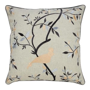 Cottage Embroidered Beige/Cream/Blue 20 in. x 20 in. Botanical Bird Soft Poly-fill Throw Pillow