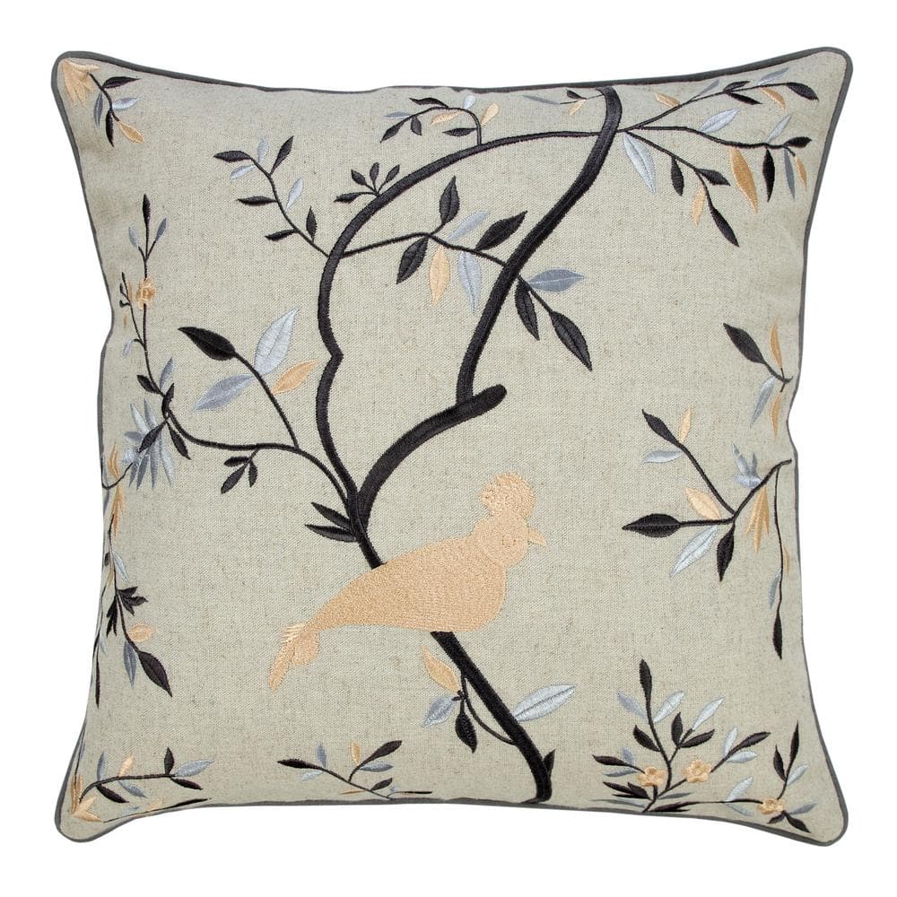 Cottage Embroidered Beige/Cream/Blue 20 in. x 20 in. Botanical Bird Soft Po