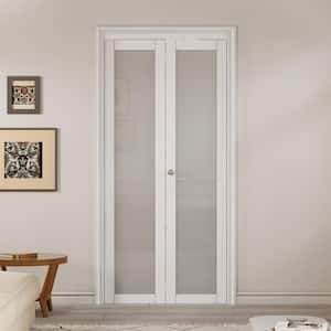 36 in. x 80 in. 1-Lite Tempered Frosted Glass Solid Core White Finished MDF Interior Closet Bi-Fold Door with Hardware