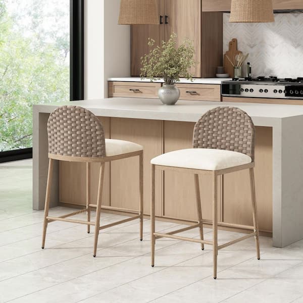 Corwyn Rustic 25 in. Polyester Upholstered Metal Frame Counter Stools with Rattan Woven Back, Beige + Brown, Set of 2