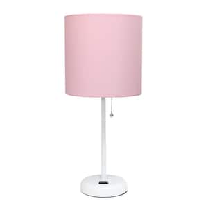 19.5 in. White Stick and Pink Shade Contemporary Bedside Power Outlet Base Standard Metal Table Lamp with Fabric Shade