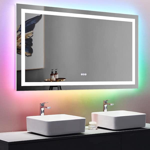 Unbranded Vanity Trident 60 in. W x 28 in. H Rectangular RBG Frameless LED Wall Mount Bathroom Vanity Mirror with Touch Dimmer