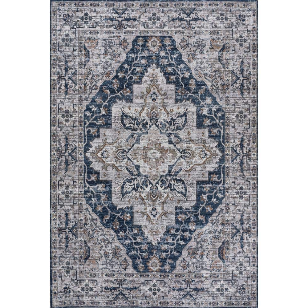 Didim Boho Navy and Light Gray 5x8 Washable Area Rug