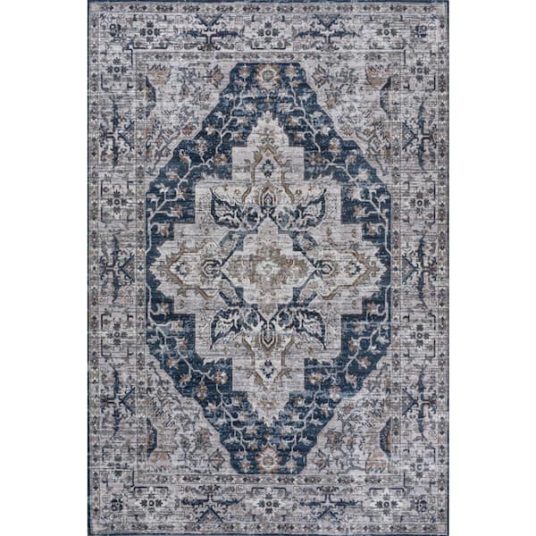 Didim Boho Gray Medallion Machine-Washable Navy/Light Gray 8 ft. x 10 ft. Area Rug