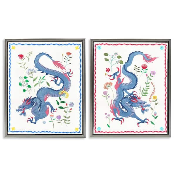 Stupell Industries Dragons with Flower Details by Melissa Wang 2 Pieces Gray Floater Frame Fantasy Graphic Art Print 31 in. x 25 in.