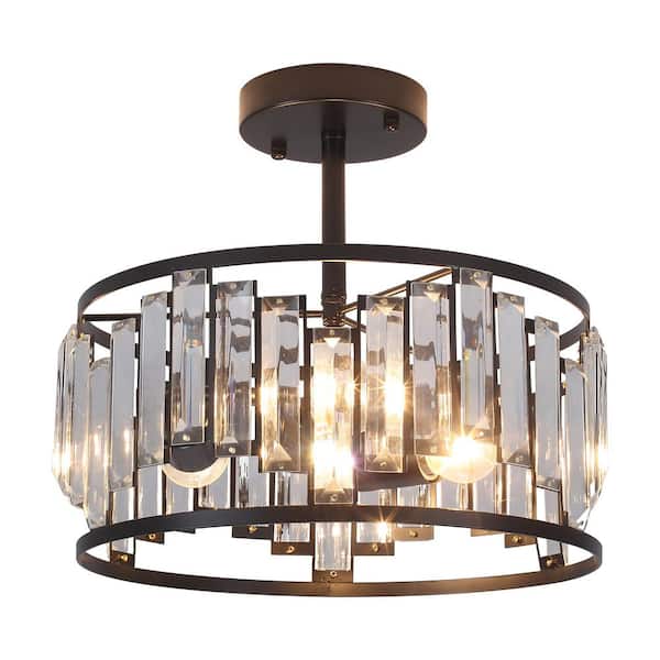 ADSENSTY 12.6 in. 3-Light Matte Black Semi Flush Mount Light with Clear Glass Shade