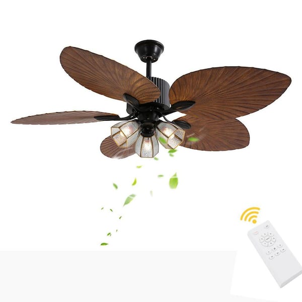 52 in. Indoor Black Modern Ceiling Fan with 5 Brown Tropical Palm Leaf Shaped Blades and Remote, No Bulbs Included