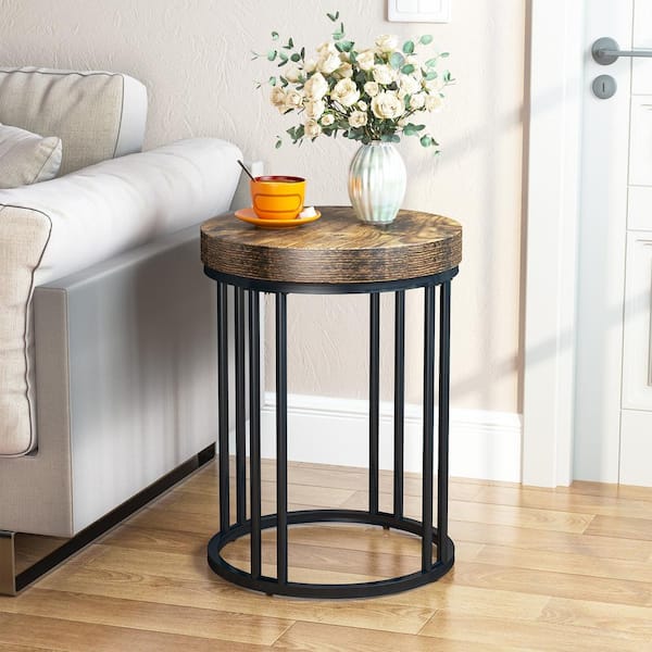 Kerlin 17.7 in. Rustic Brown and Black Round Wood End Table with Metal Frame, Nightstand Bedside Table