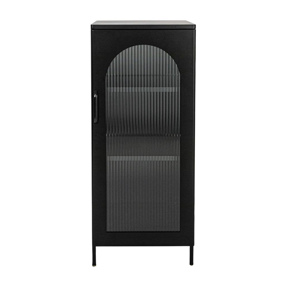 Matte Black Narrow Metal Accent Cabinet with Adjustable Shelves and Arched Glass Door