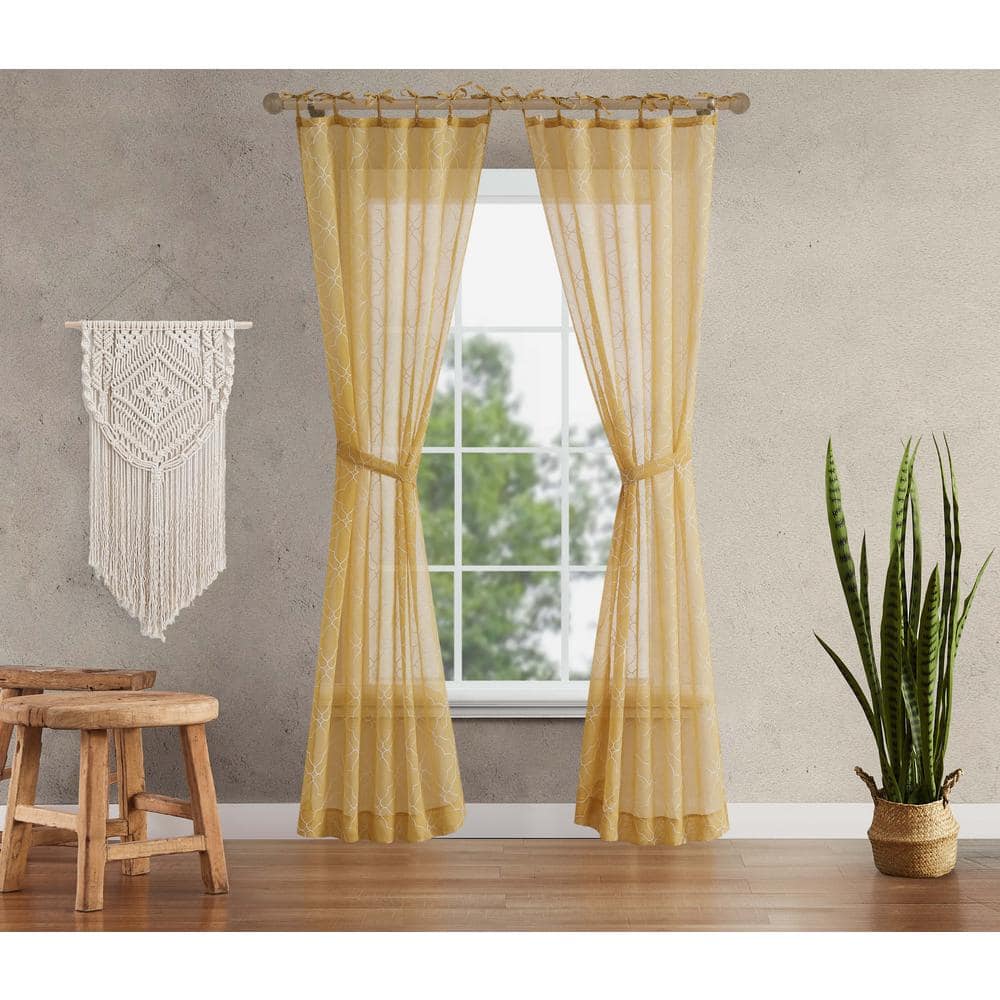 Jessica Simpson Nora Embroidered 52 in. W x 84 in. L Polyester Faux Linen  Sheer Grommet Tiebacks Curtain in Gold (2 Panels) JSC016244 - The Home Depot