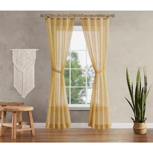 Nora Embroidered 52 in. W x 84 in. L Polyester Faux Linen Sheer Grommet Tiebacks Curtain in Gold (2 Panels)