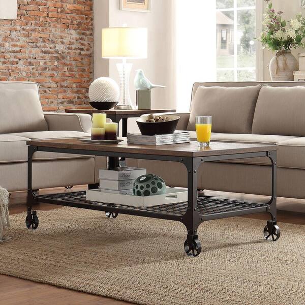 HomeSullivan Cabella 48 in. Distressed Ash Large Rectangle Wood Coffee Table with Casters