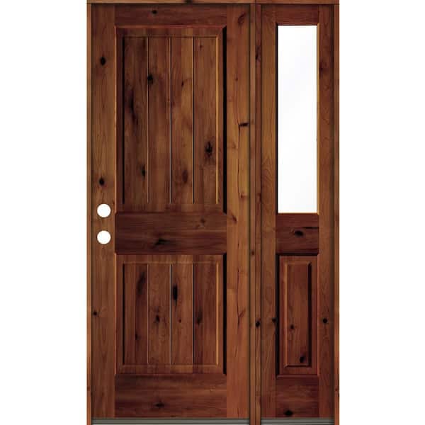 Krosswood Doors 44 in. x 80 in. Knotty Alder Square Top Right-Hand/Inswing Clear Glass Red Chestnut Stain Wood Prehung Front Door w/RHSL