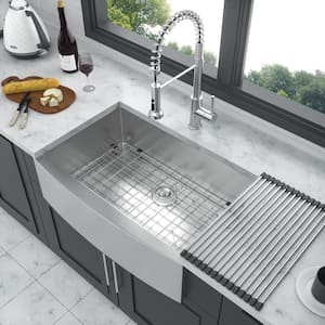 33 in. Farmhouse/Apron-front Single Bowl 18-Gauge Brushed Nickel Stainless Steel Kitchen Sink with Bottom Grids