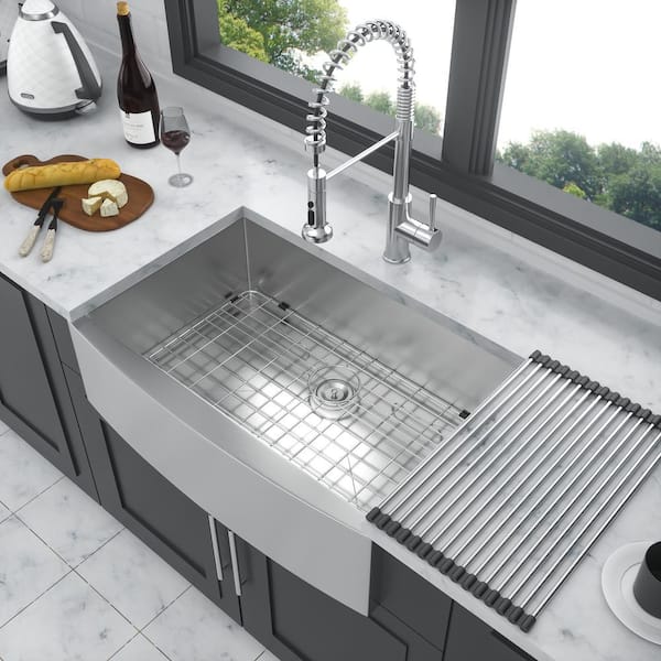 Staykiwi 33 in. Farmhouse/Apron-front Single Bowl 18-Gauge Brushed Nickel Stainless Steel Kitchen Sink with Bottom Grids