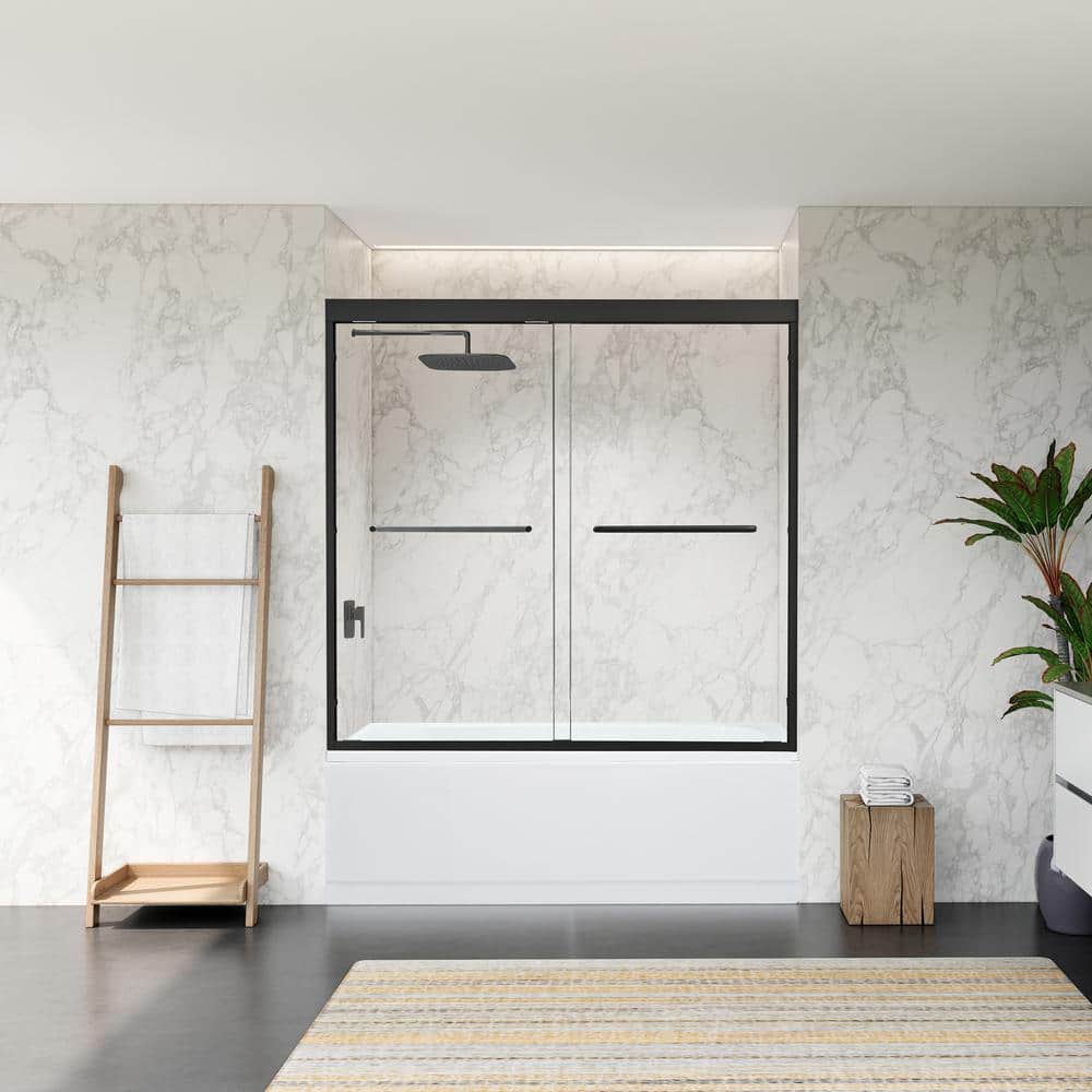 Ennis Matte Black 60" x 58" Framed Tub Door with Clear Glass