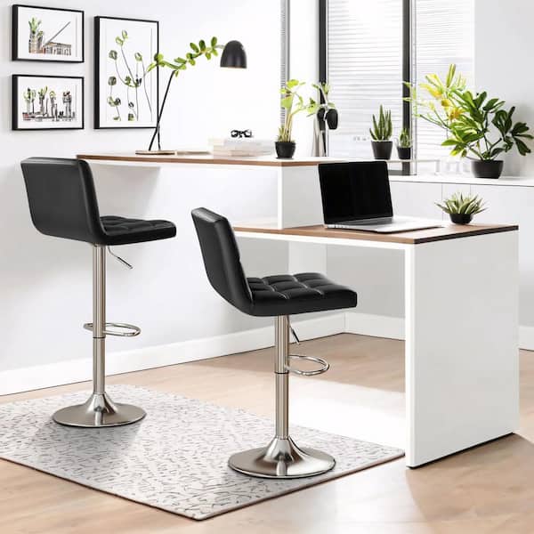 33 in. - 44 in. Height Black Low Back Metal Adjustable Bar Stool with PU Leather-Seat 360° Swivel (Set of 2)