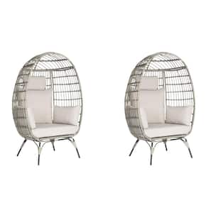 Oversized Outdoor Gray RatTan Egg Chair Patio Chaise Lounge Indoor Basket Chair with Light Gray Cushion (2-Pieces)