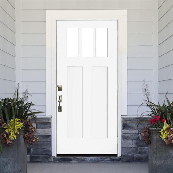 36 in. x 80 in. Legacy 3 Lite Toplite Clear Glass Left Hand Outswing White Primed Fiberglass Prehung Front Door