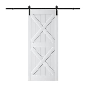 36 in. x 84 in. MDF Rustic White Finished Double X Shape Sliding Barn Door with Hardware Kit