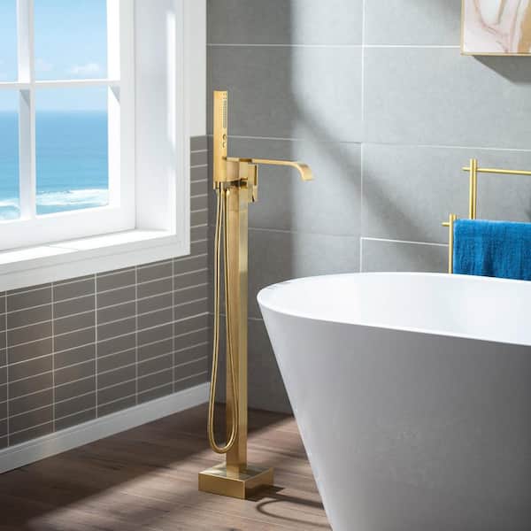 WOODBRIDGE Single-Handle Freestanding Tub Faucet with Hand Shower in Brushed Gold