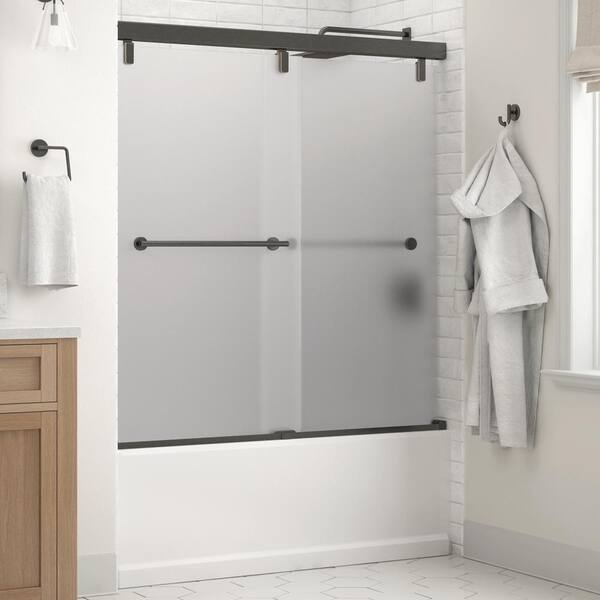 Everly 60 in. x 59-1/4 in. Mod Semi-Frameless Sliding Bathtub Door in Bronze and 1/4 in. (6mm) Clear Glass Everly 60 in. x 59-1/4 in. Mod Semi-Frameless Sliding Bathtub Door in Bronze and 1/4 in. (6mm) Clear Glass