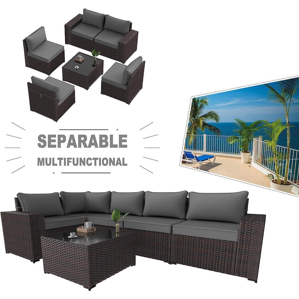 Gray 5-Person Steel Frame Wicker Outdoor Sectional Sofa Set