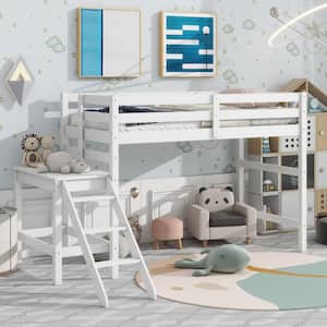 White Wood Frame Twin Size Low Loft Bed with Platform and Sloping Ladder