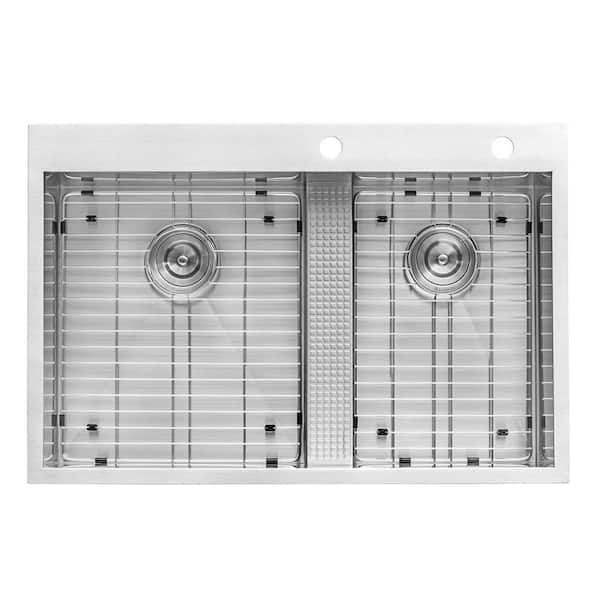 Tirana 33 in. Drop-in Topmount 60/40 Double Bowl 16-Gauge Stainless Steel Kitchen Sink with Low Divide