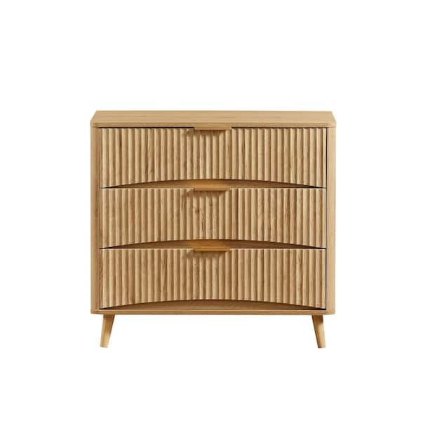 Oak Particle Board Buffet with 3 Drawers, Vertical Grooved Design, Metal Handles durable construction