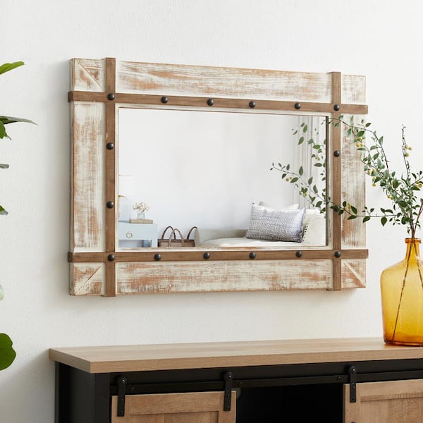 Homfa Wall Mirror with Shelf, 3 Hanging Hooks of Wood Frame