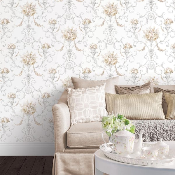 Ornamental Floral Wallpaper in Yellow, Pink and Gray