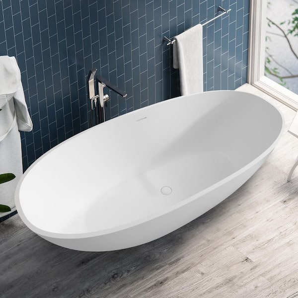WELLFOR 65 in. x 29.5 in. Solid Surface Flatbottom Soaking Bathtub with Center Drain in White