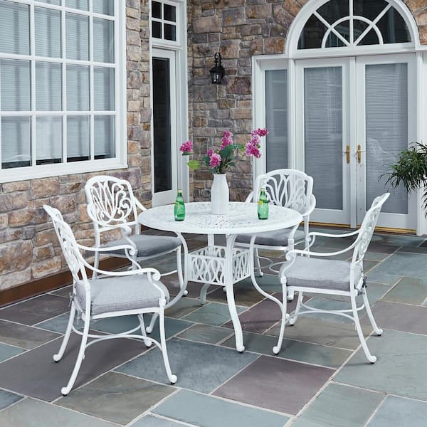 HOMESTYLES Capri White 5-Piece Cast Aluminum Round Outdoor Dining Set with  Gray Cushions 6662-308 - The Home Depot