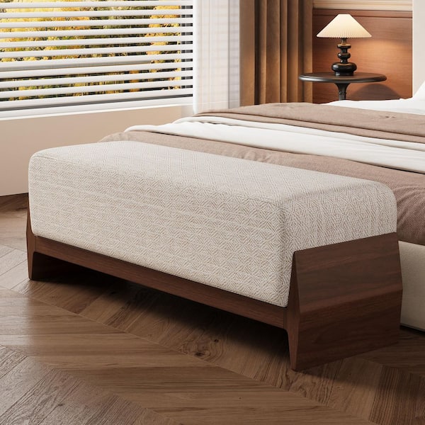 Frayden Modern Linen Upholstered Rectangle Accent Ottoman Bench with Solid Wood Legs, Brown + Beige