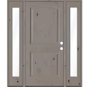 60 in. x 80 in. Knotty Alder 2 Panel Left-Hand/Inswing Clear Glass Grey Stain Wood Prehung Front Door with Sidelites