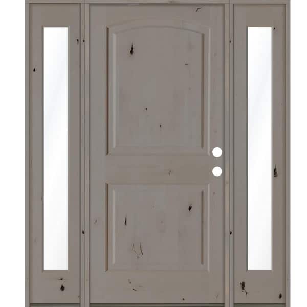 60 in. x 80 in. Knotty Alder 2 Panel Left-Hand/Inswing Clear Glass Grey Stain Wood Prehung Front Door with Sidelites