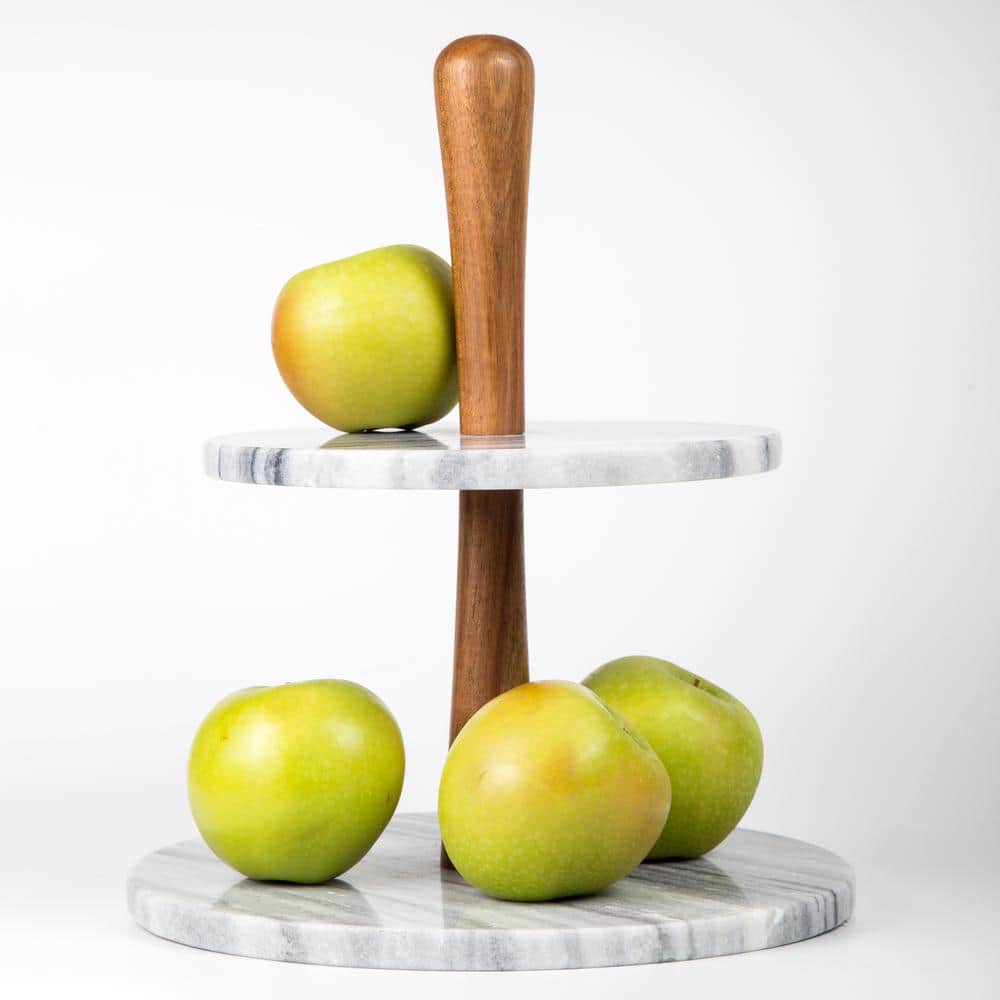 Gray Marble and Acacia Wood 2-Tier Round Cake Stand