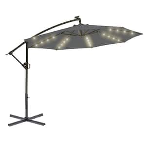10 ft. Solar LED Offset Hanging Umbrella Cantilever Patio Umbrella with Tilt Adjustment and Cross Base in Dark Grey