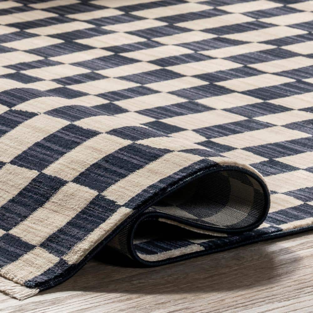 Navy and Beige Geometric Synthetic 8' x 10' Area Rug