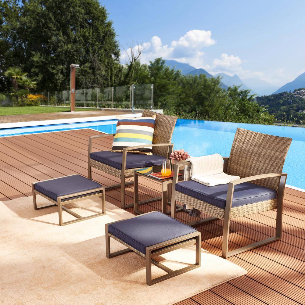 5-Piece Wicker Patio Conversation Seating Set with Blue Cushions price history on PriceWatchPro