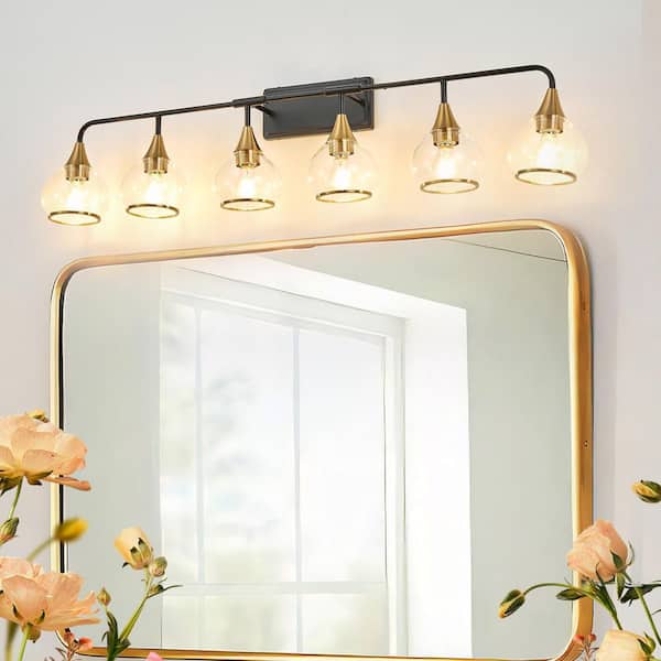 GMGSROM 48 in. 6-Light Matte Black and Gold Modern Vanity Light with Clear Glass Shade