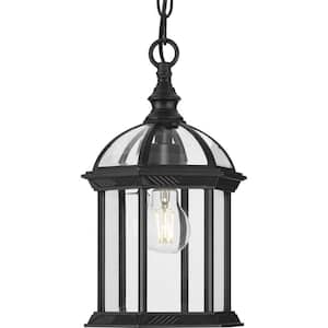 Dillard 1-Light Textured Black Pendant Light with Beveled Glass Shade Coastal Outdoor Hanging Lantern
