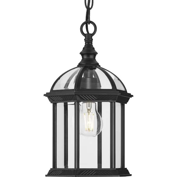 Progress Lighting Dillard 1-Light Textured Black Pendant Light with Beveled Glass Shade Coastal Outdoor Hanging Lantern