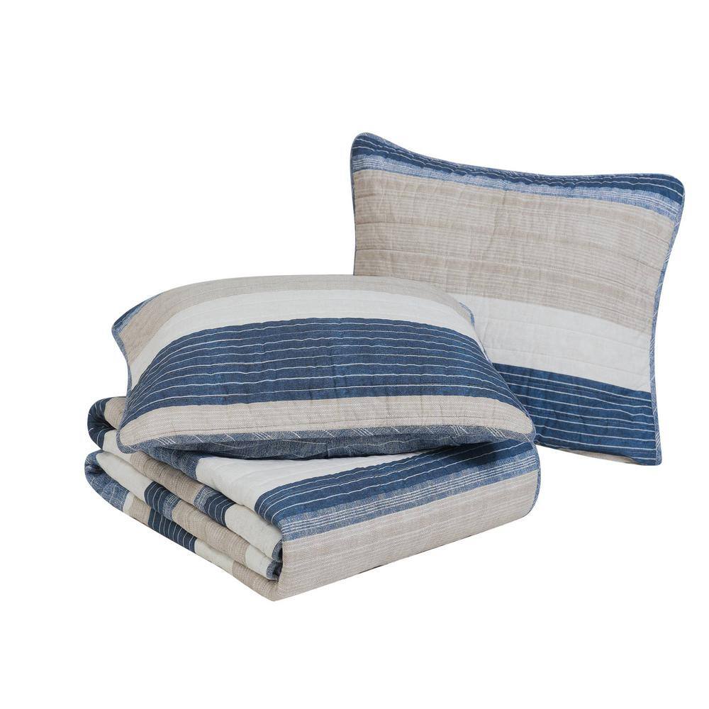 Twin Blue Cotton Reversible Quilt Set with Trim