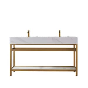 Bilbao 60 in. W x 21.7 in. D x 33.9 in. H Stainless Steel Bath Vanity in Brushed-Gold with Snow White Sintered Stone Top