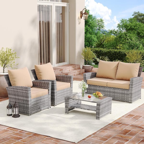 Poteban Outdoor Beige Cushion Set Seat/Back Cushion(Set of 4 Seats, 4-Backs)
